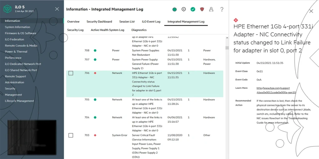 HPE Ilo NIC Log
